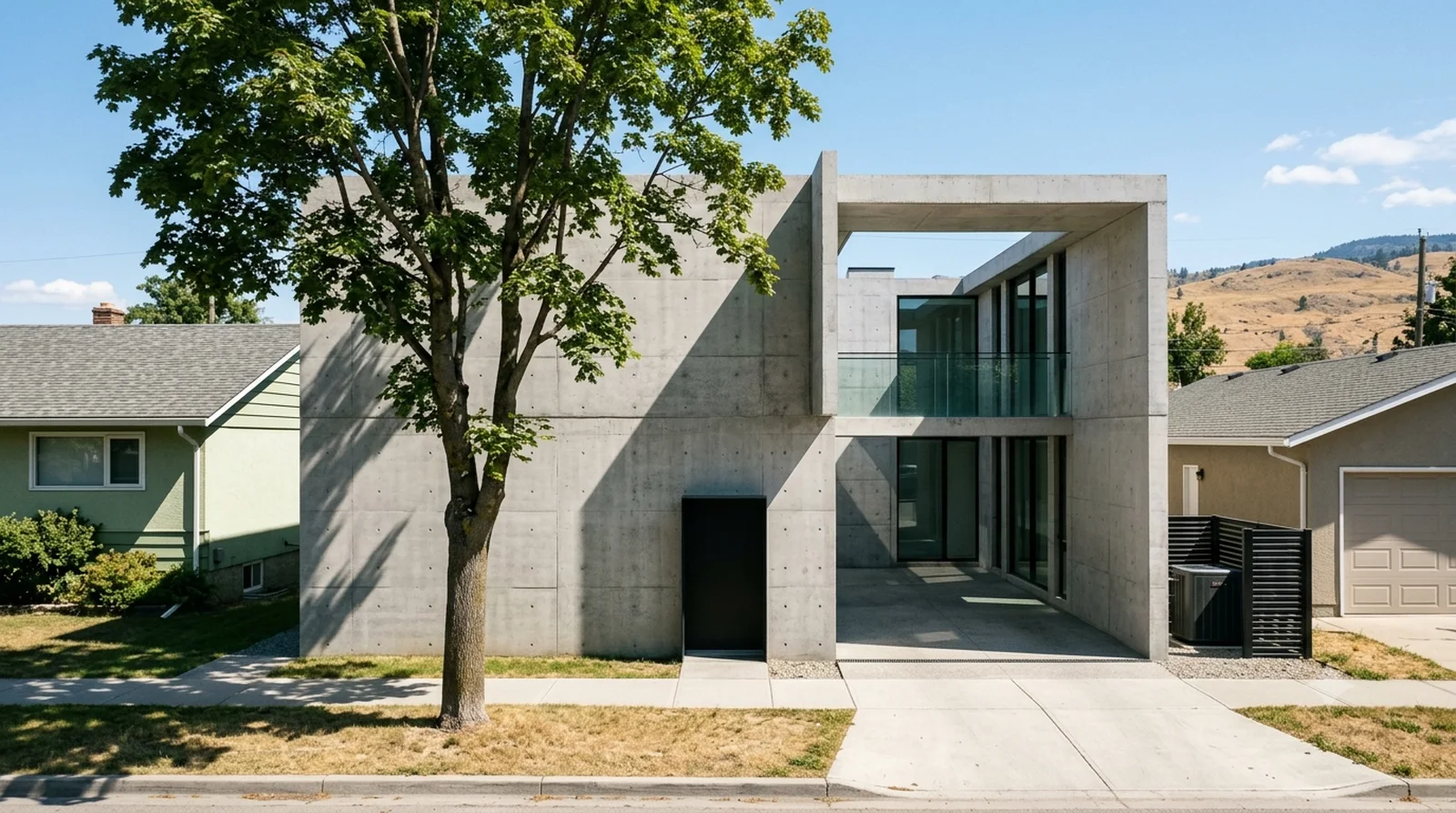 Azuma House — Ando, 1976: a blank concrete wall to the street and an open-air slot cut through the middle.
