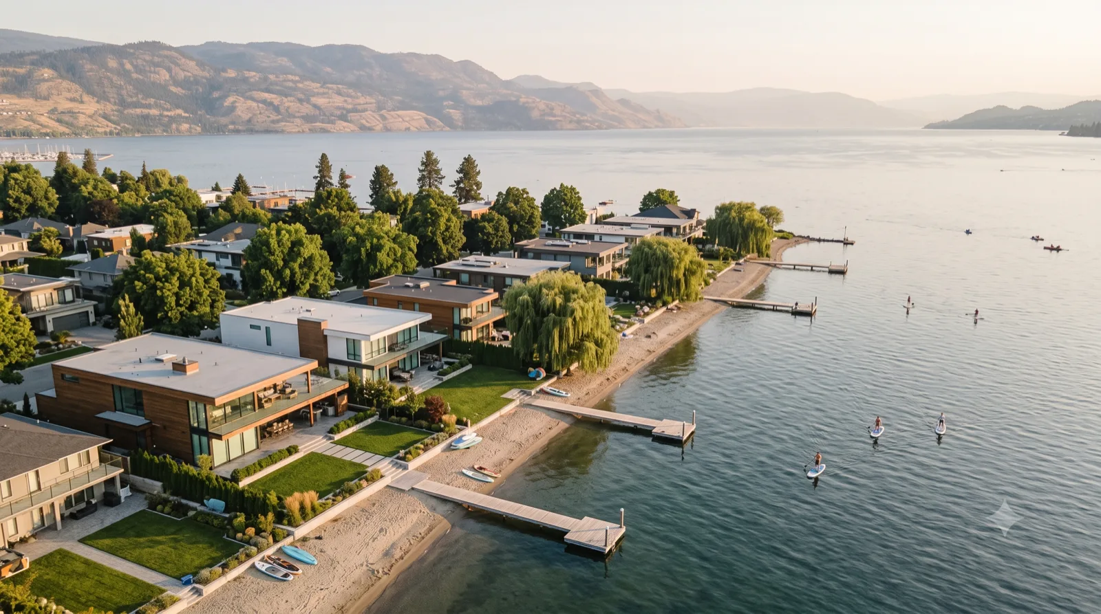 Lower Mission Lakefront — flat-roofed lakefront homes with infinity pools and private docks lined along the sandy beach, paddleboarders on calm water