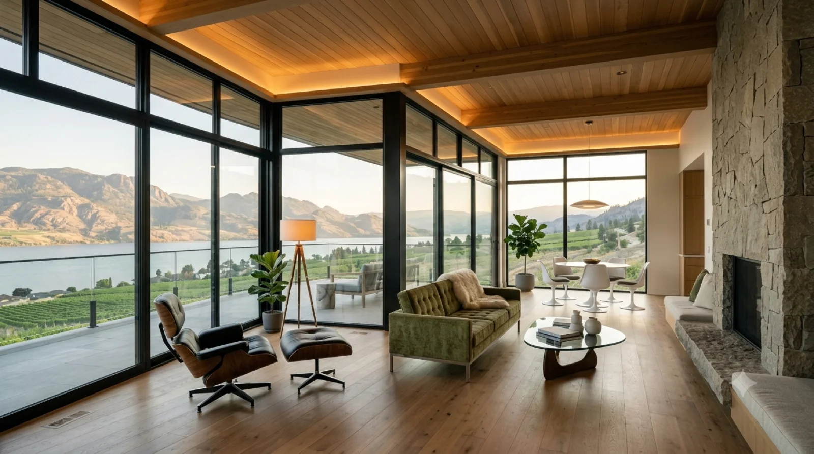 Stahl House, Reimagined — Case Study House #22's corner-glass cantilever, rebuilt today over the Okanagan — cedar-plank ceiling, floor-to-ceiling steel glass to the lake and vineyards, an Eames lounge and a stone hearth