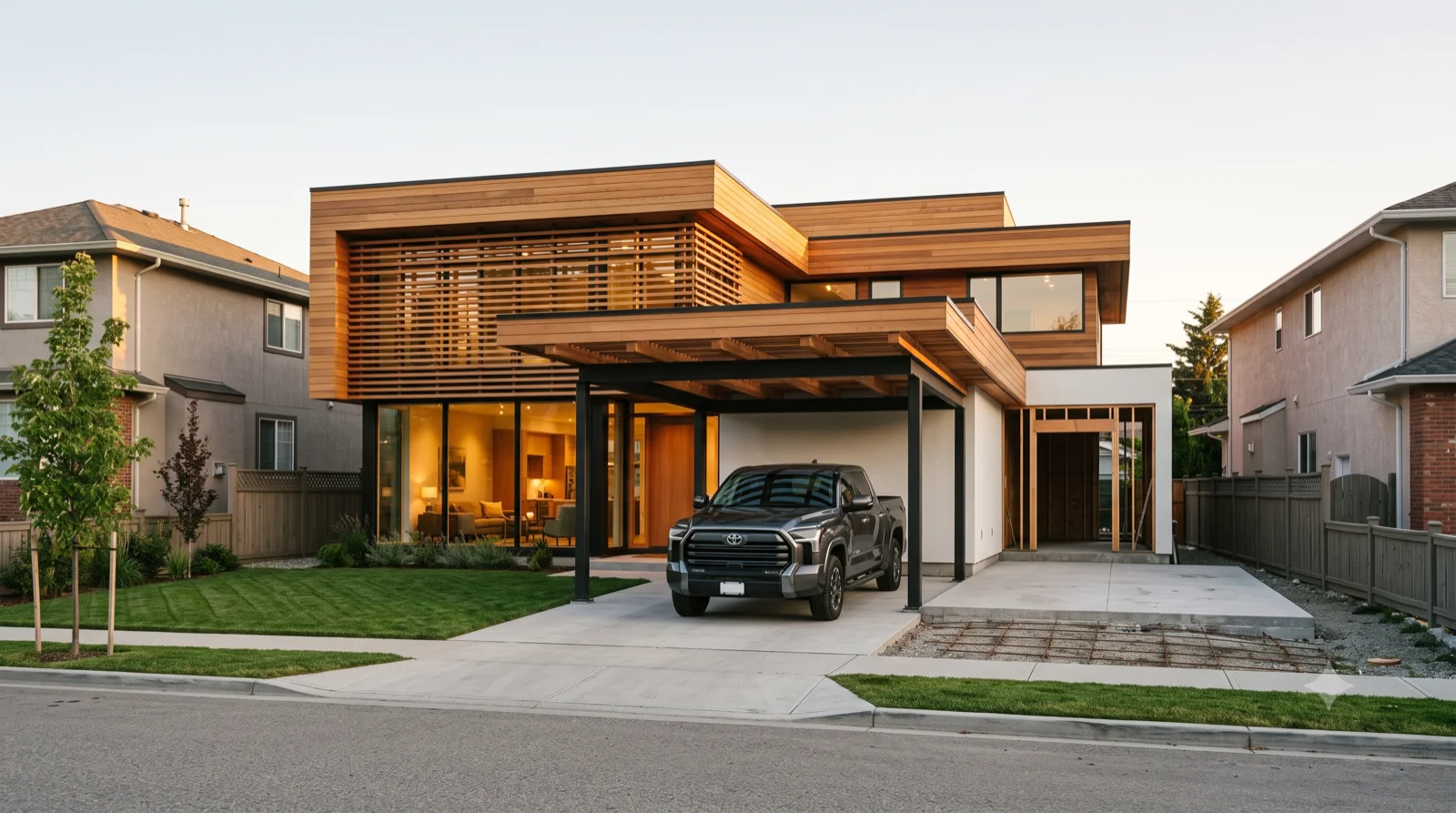 The Rudolph — a Rudolph-lineage composition of bold stacked and shifted cedar planes over two storeys with a deep cedar brise-soleil sunscreen across the upper glass, warm cedar and white stucco, a beamed carport and a framed opening + slab pad for the future wing, dropped onto a narrow 45-ft neighbourhood lot between the neighbours — sculptural massing built warm, not a cold glass box