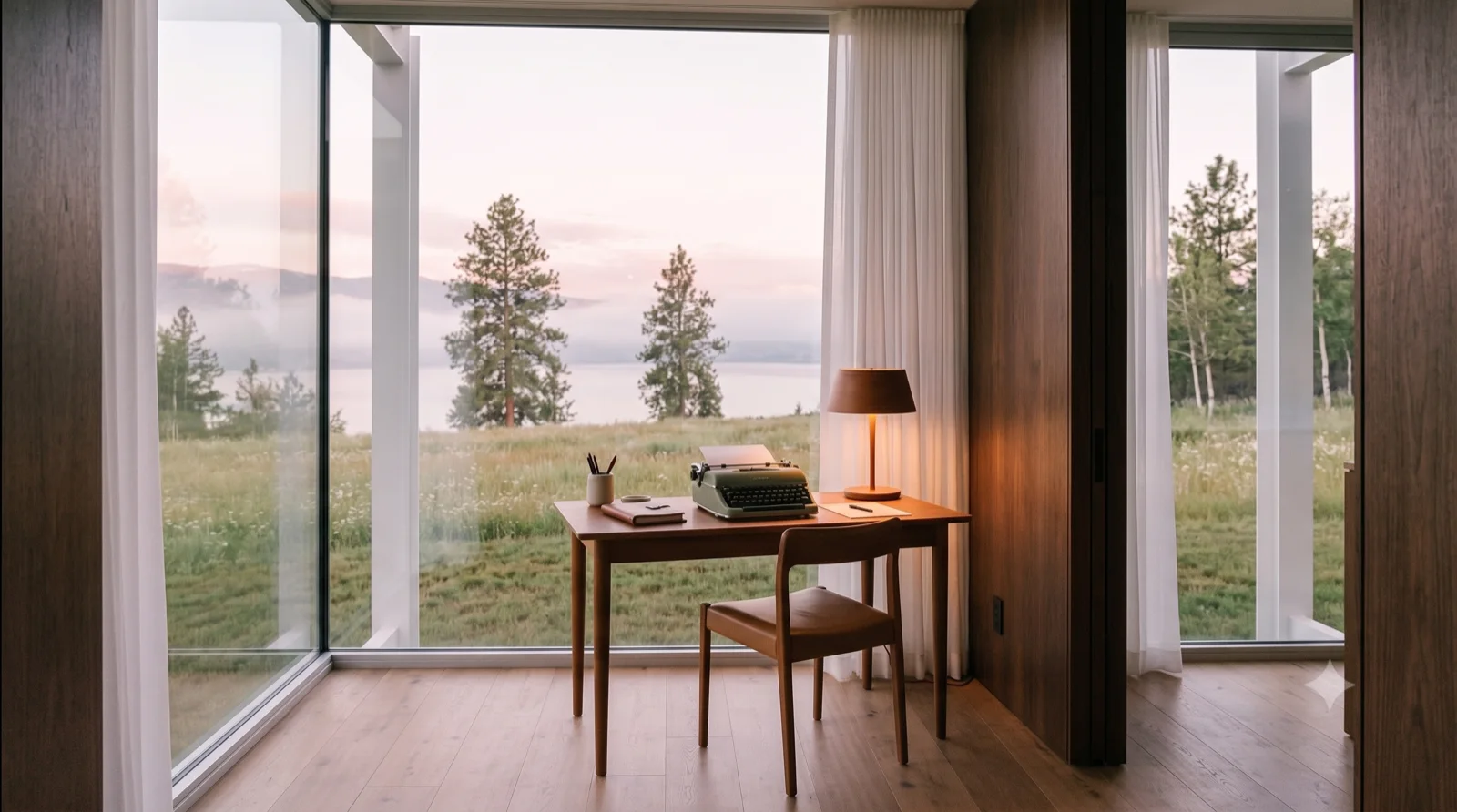 The study, A walnut desk set into the glass corner, the valley for a backdrop, a single lamp for the early dark.