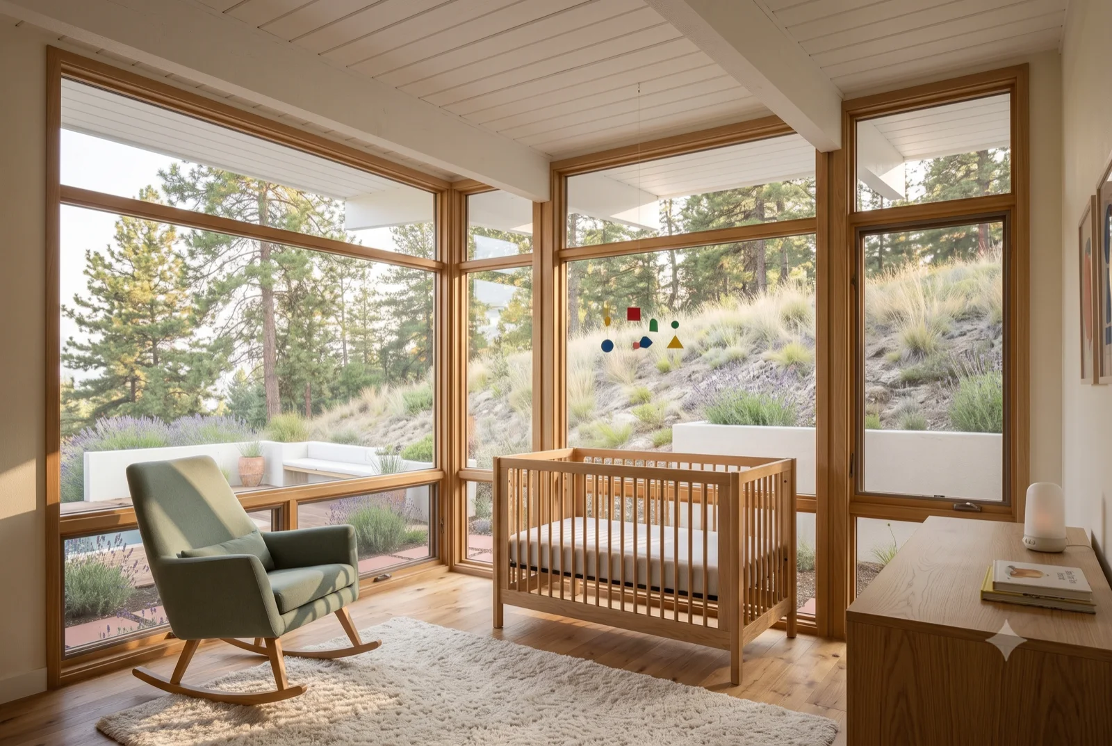 The nursery, A low crib and a rocker in the corner, wood ceiling overhead, morning light down the glass to the pines.