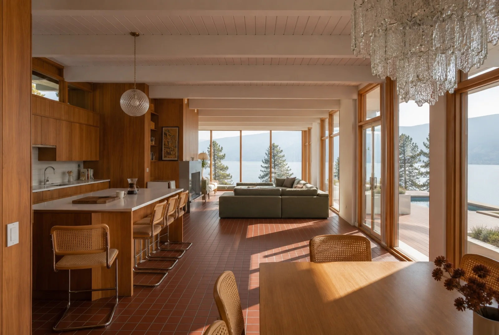 The great room, Kitchen to living in one open run, the far wall all glass, the lake filling the frame.