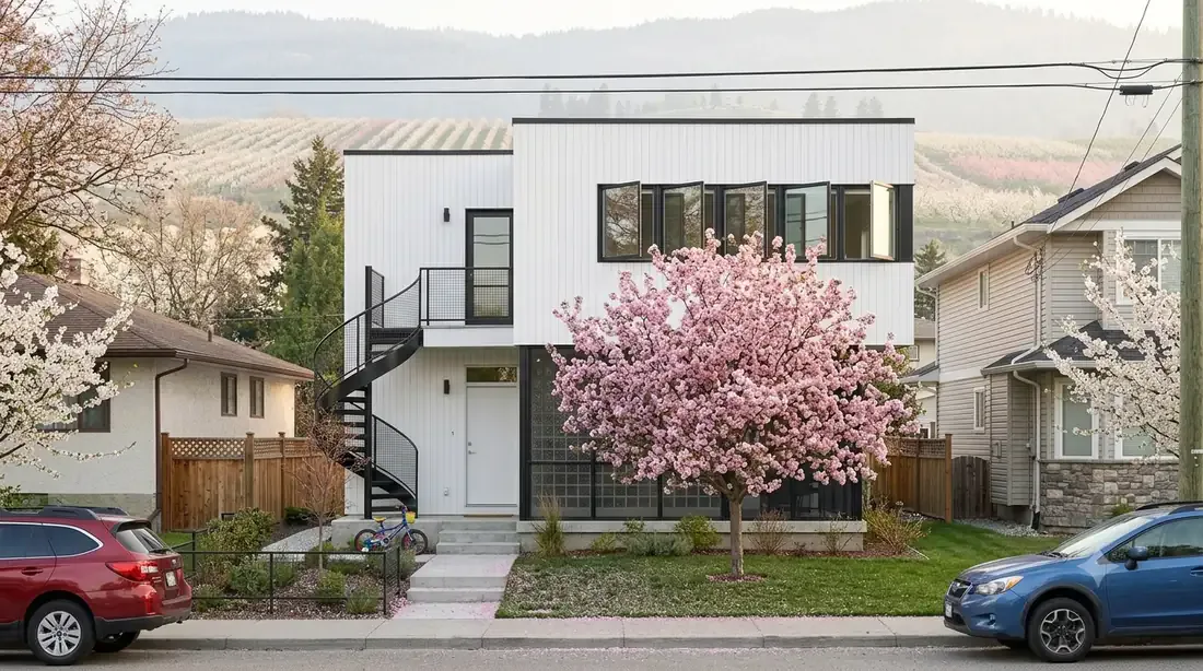 Gropius House — spring blossom season — crabapple in bloom, orchard hillside behind