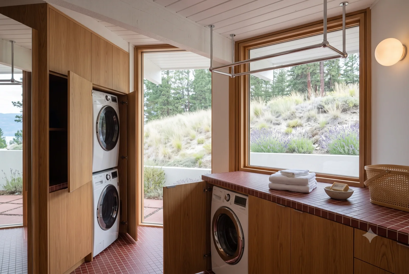 The laundry, A stacked washer and dryer in walnut casework, a folding counter, a window to the lavender instead of a wall.