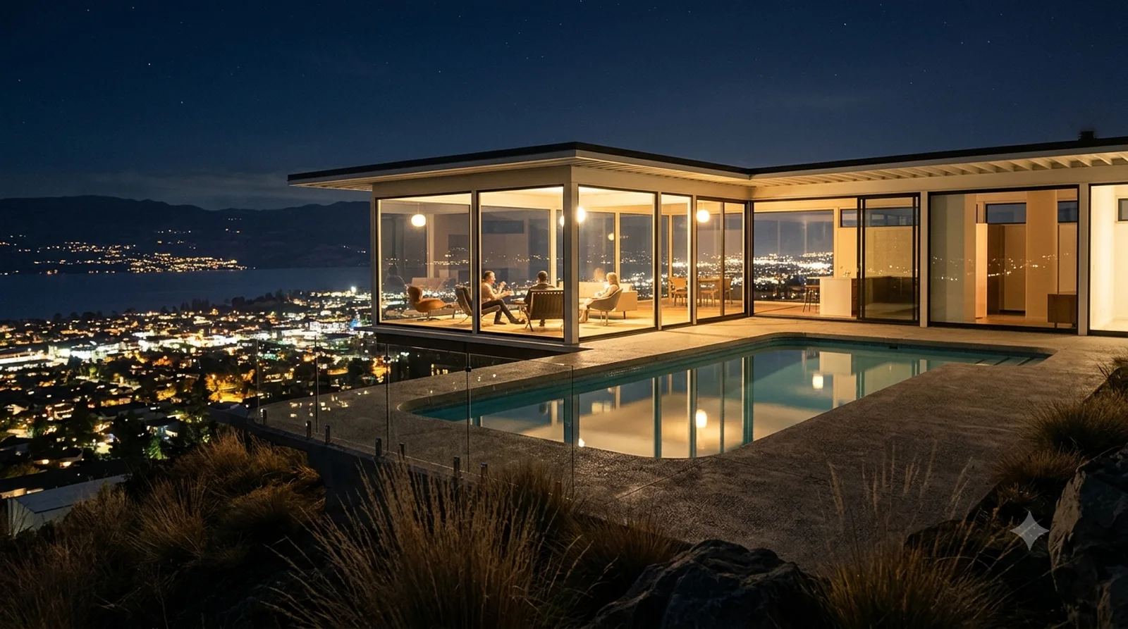 Stahl House at Night — The Shulman shot, rebuilt: the glass corner lit over the Kelowna grid from a University Heights lot.