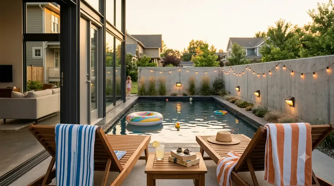 Case Study House #21 — backyard pool at golden hour — chaise loungers, pool toys, string lights