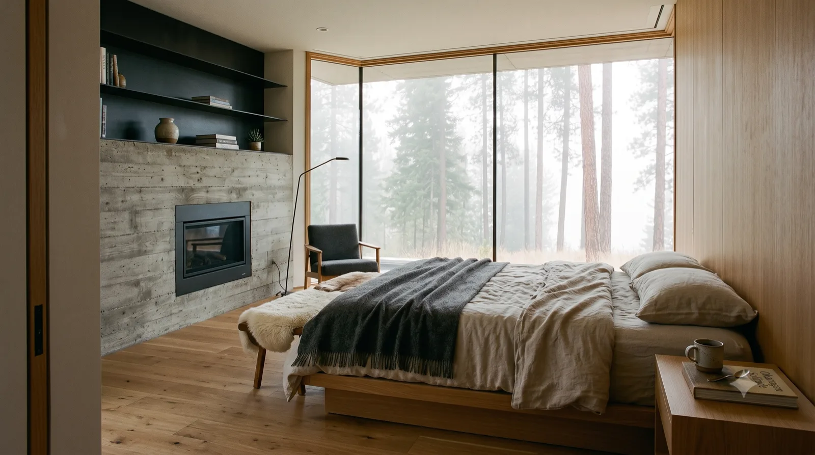 The Knox Mountain Perch — Primary suite — glass corner to the fog, board-formed fireplace wall