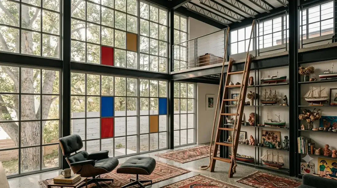 Eames House, Narrow-Lot — Double-height living room — steel grid, ladder, collected objects