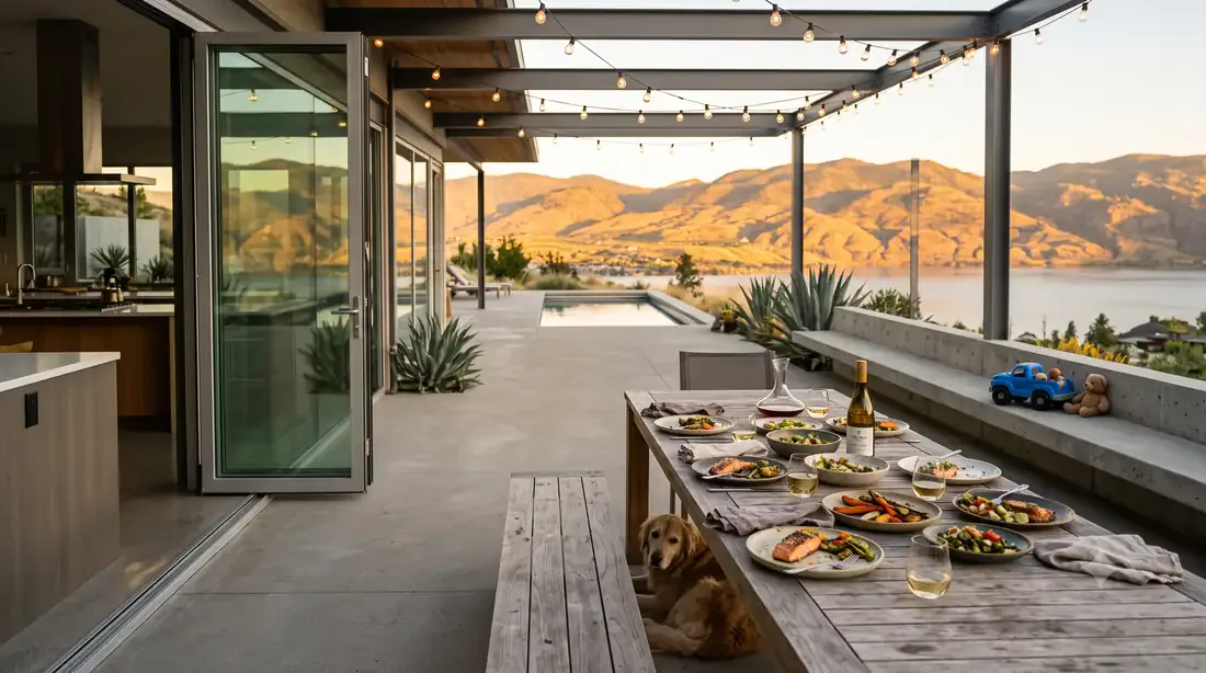 Stahl House — golden-hour dinner patio — mid-meal, string lights, dog waiting