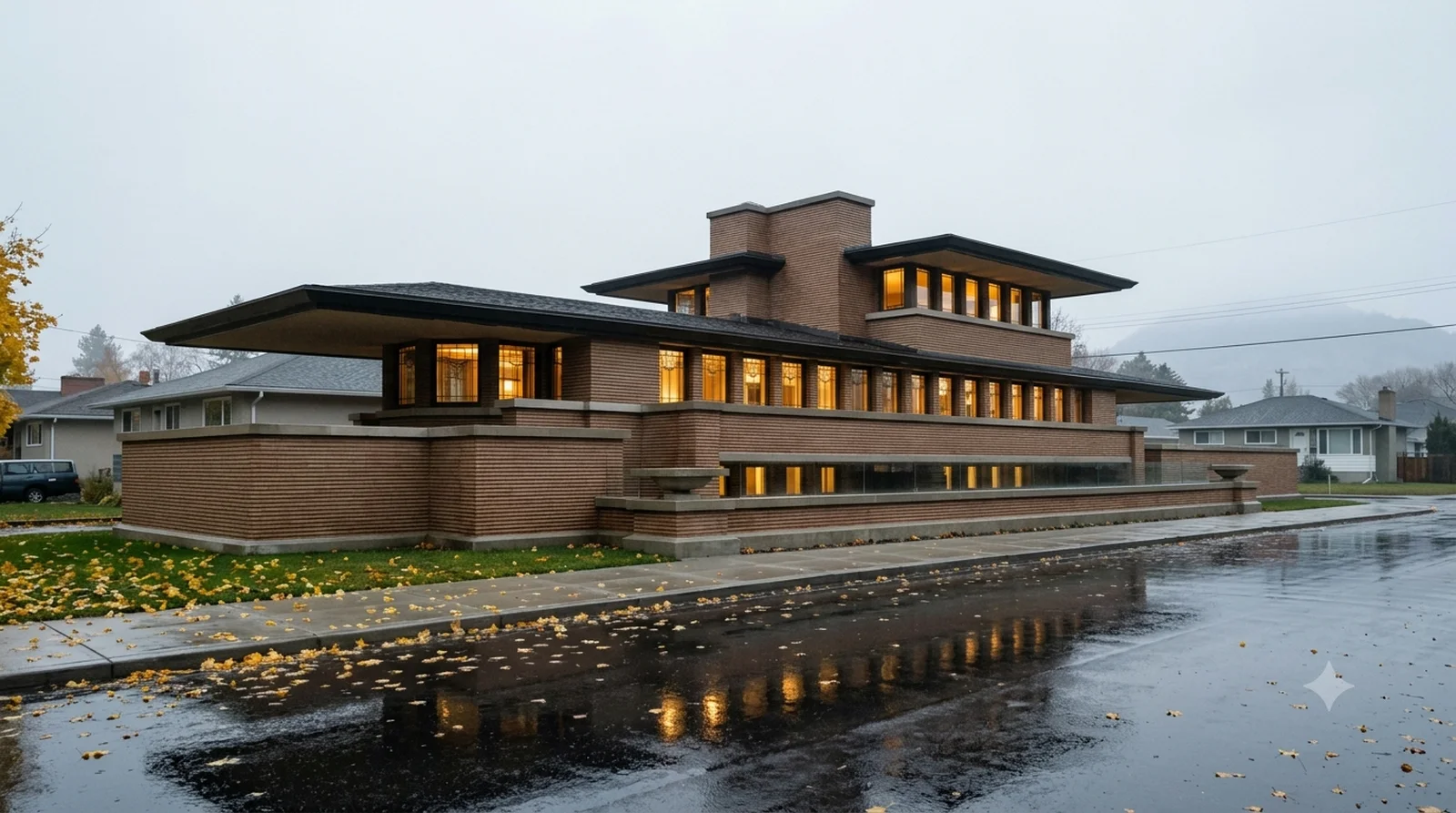 Robie House — Wright, 1910: Prairie cantilevers and Roman brick on a downtown corner, wet autumn street.