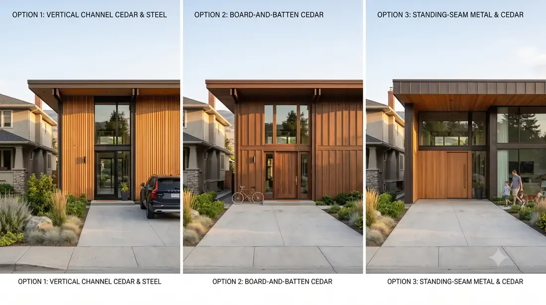 The Glenmore Eichler, Siding Study — realistic buildable siding study — three options, real landscaping and context