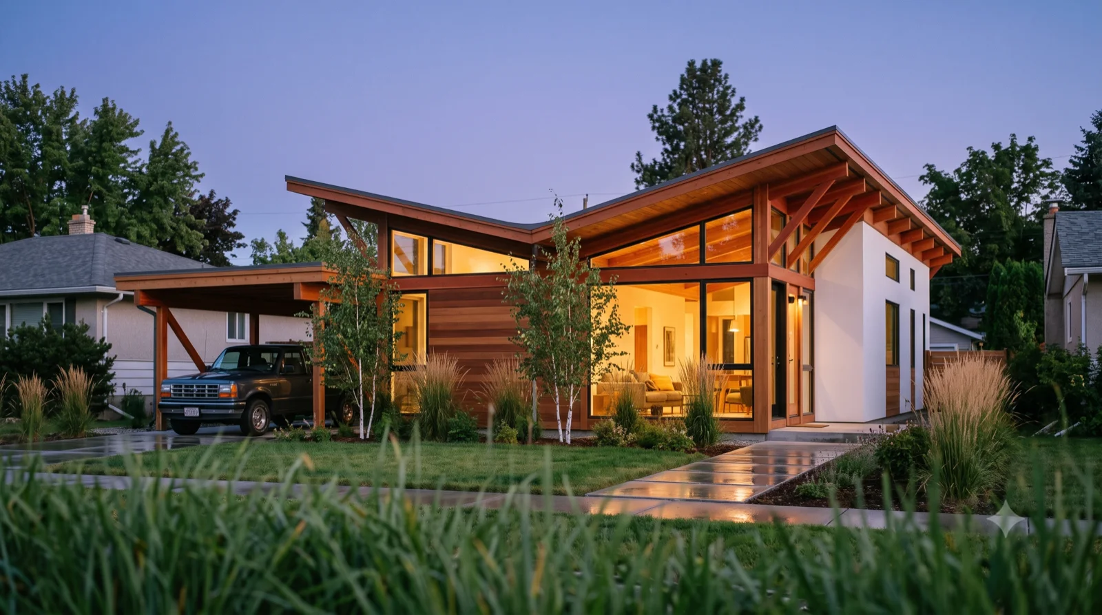 The Havens — Harwell Hamilton Harris's Weston Havens House brought to Kelowna warm, the upside-down V roof folding into a central valley on exposed redwood trusses, cedar and stucco, carport alongside