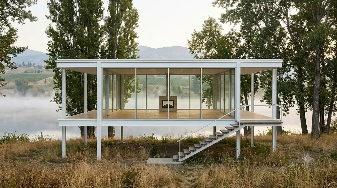 Farnsworth House — white steel-and-glass pavilion raised on a plinth, misty morning