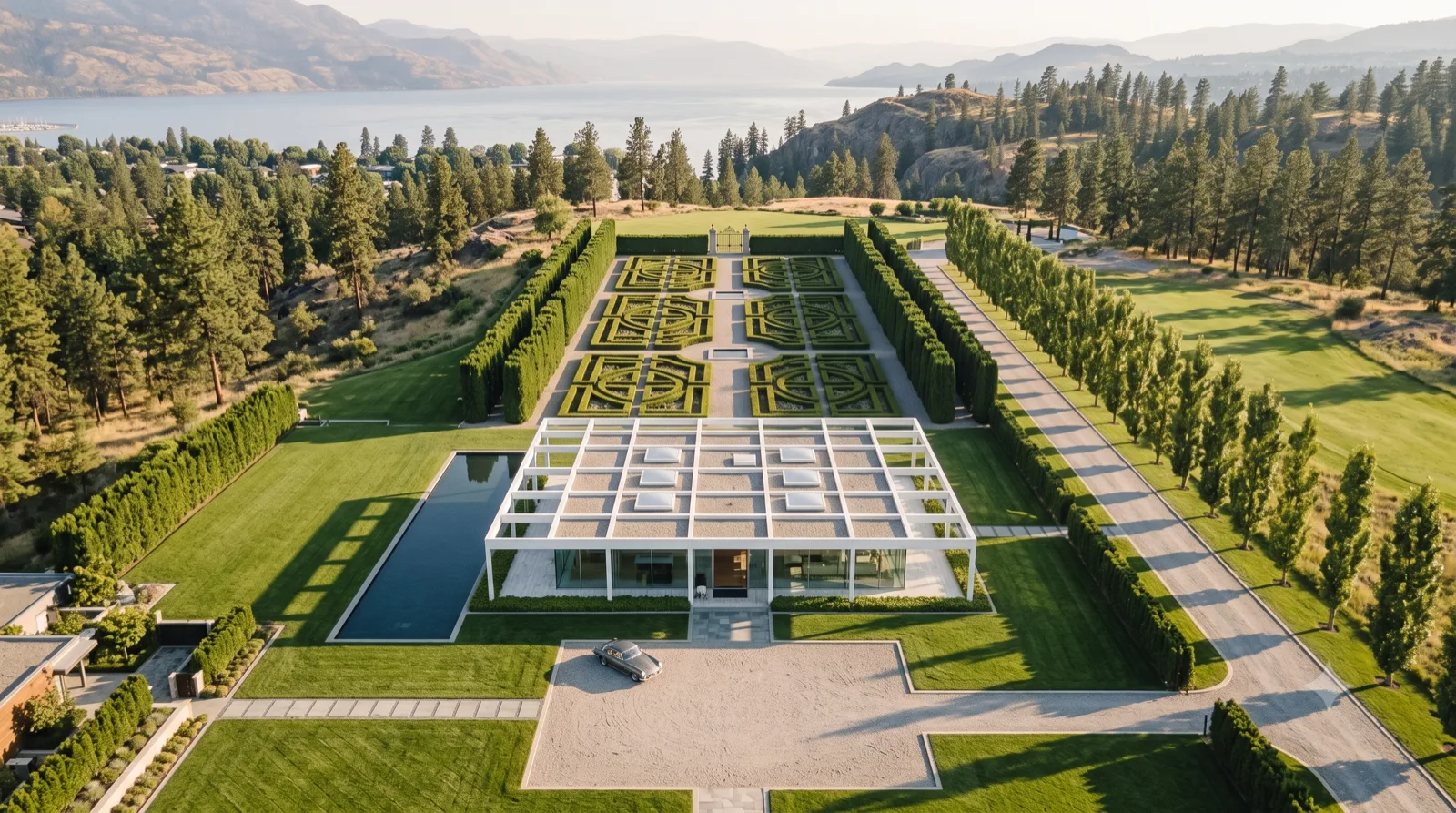 The Parterre — a Saarinen-style white grid pavilion opening onto a clipped hedge parterre and reflecting pool, an allee of poplars to the lake