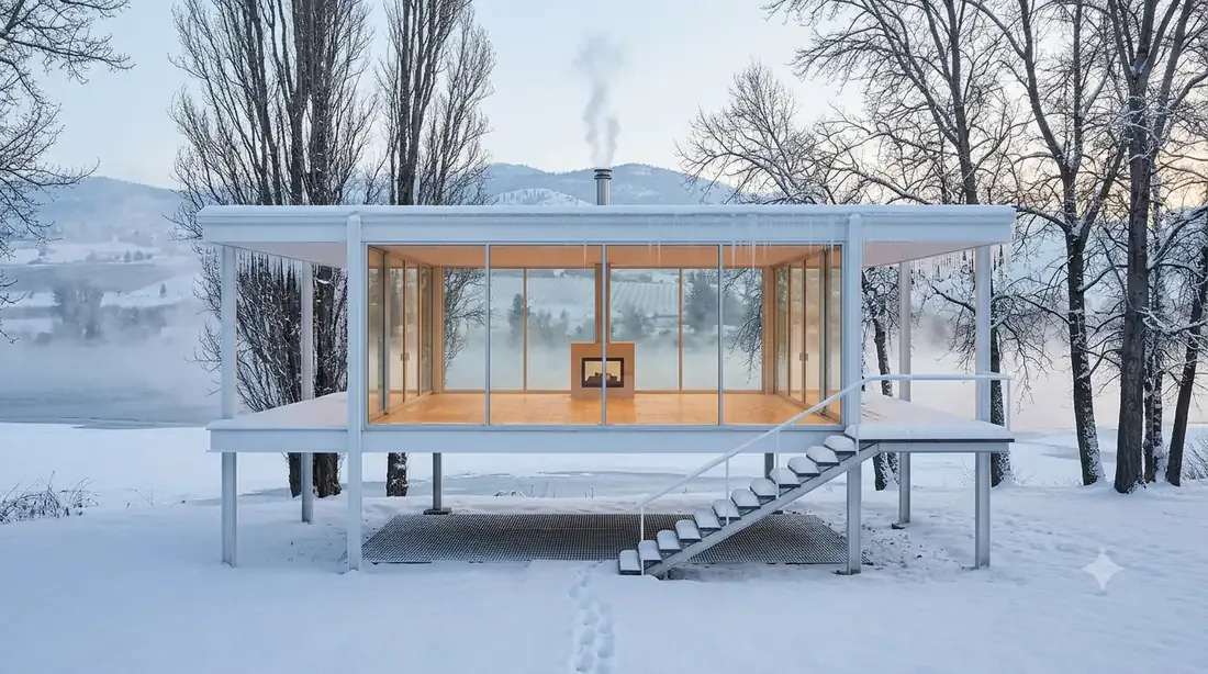 Farnsworth House — deep winter — snow, half-frozen lake, wood-stove smoke, warm glow inside