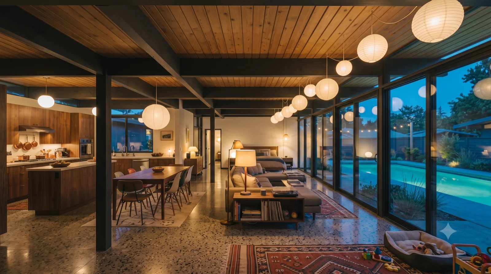 Open plan, end to end — Kitchen to dining to living under the beams, a row of paper globes, the whole far wall glass to the pool.