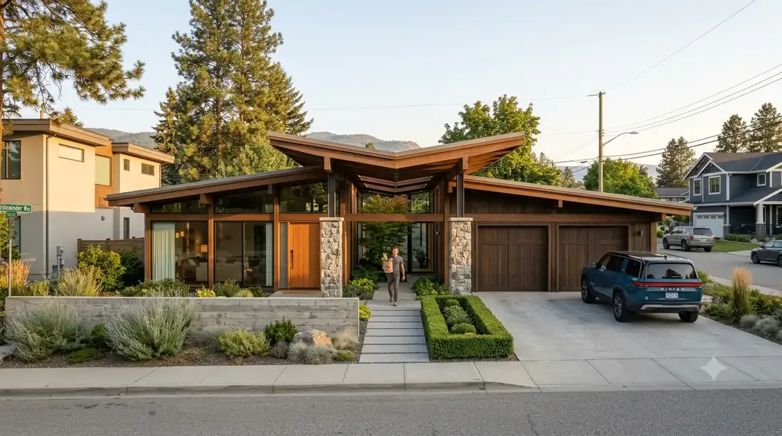 The Wilden Breezeway — post-and-beam with an open-air breezeway connecting the house to a detached 2-car garage