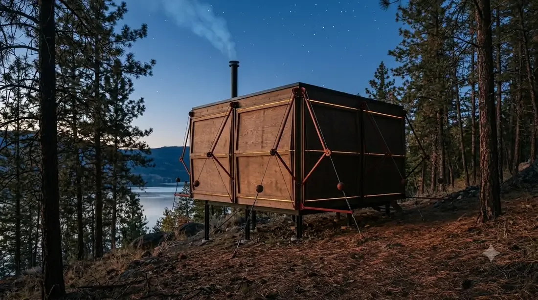 Walker Guest House — cocoon mode — shutters down at dusk, lamplight leaking at the seams