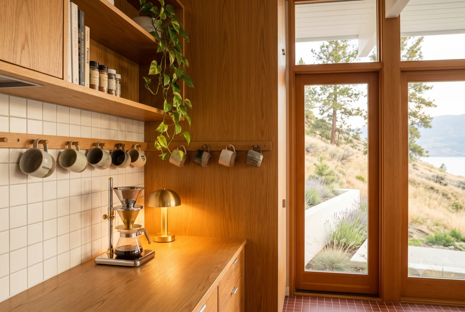 The kitchen wall, Hanging copper and herbs along the walnut, a small window throwing gold across the counter.