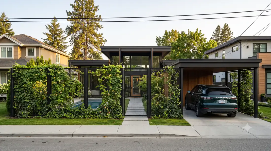 Ellwood Courtyard House — updated — vine-covered privacy trellis, carport integrated into roofline