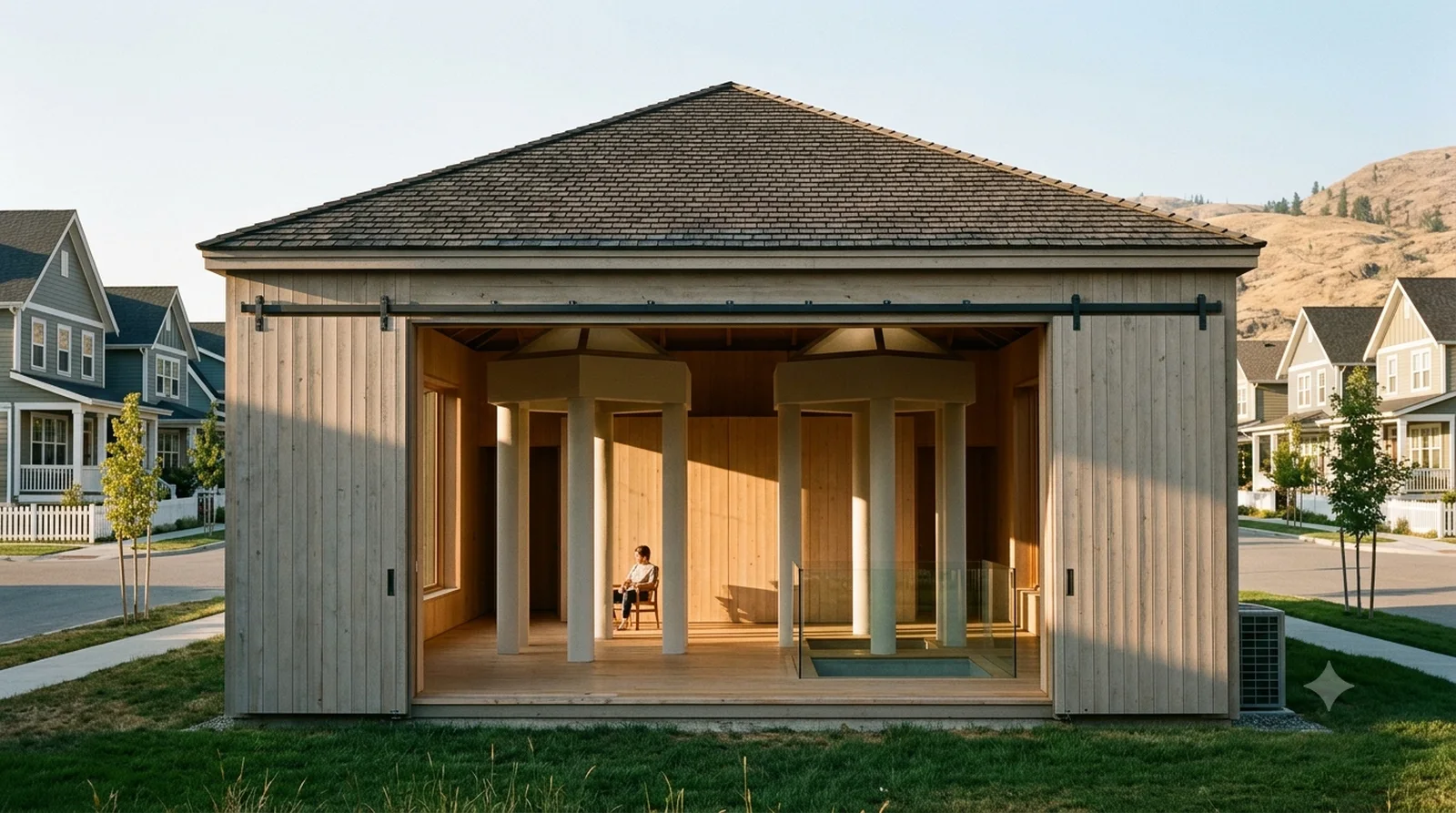 Moore House at Orinda — Moore, 1962: a plain barn with two lantern temples inside, doors thrown open, Kettle Valley.