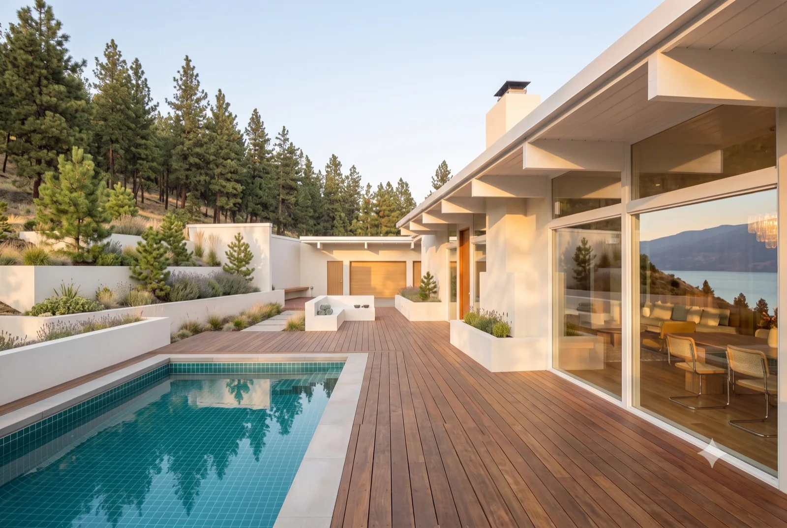Deck to the water, A wide wood deck and pool off the great room, glass folded fully open, the lake a step past the rail.