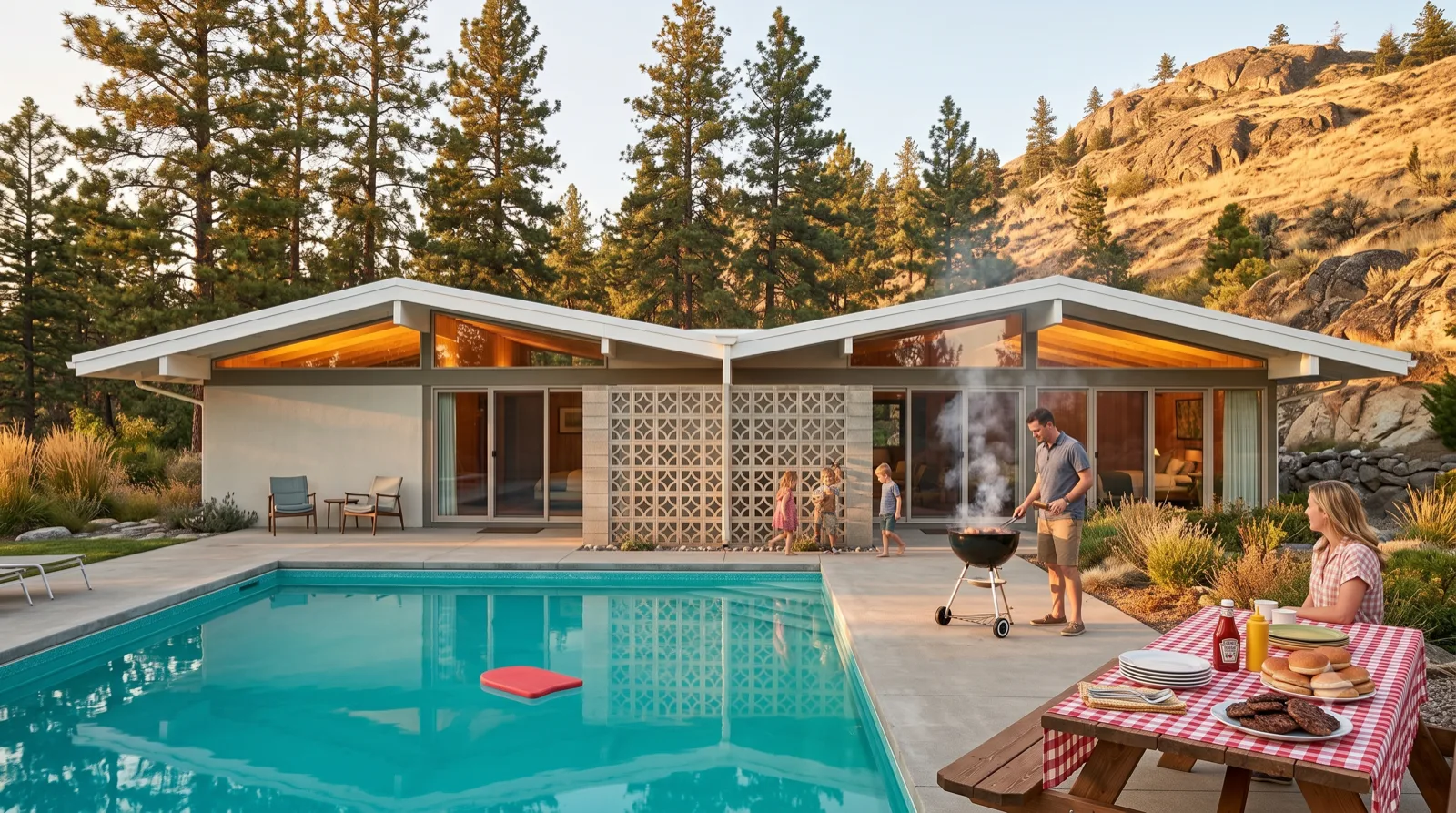 The Kelowna Alexander — butterfly roof over the backyard pool at golden hour, breeze-block screen