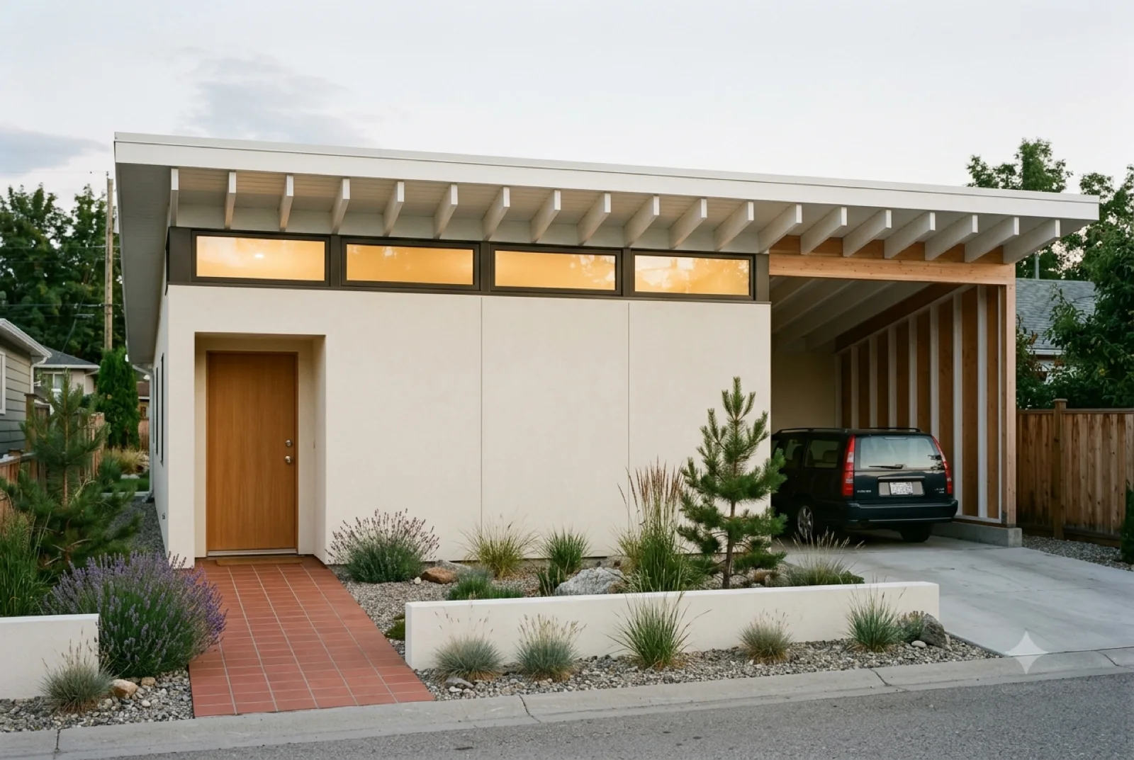 The street face, A low gable and carport off the lane, xeriscape and grasses, the rig tucked under deep eaves.