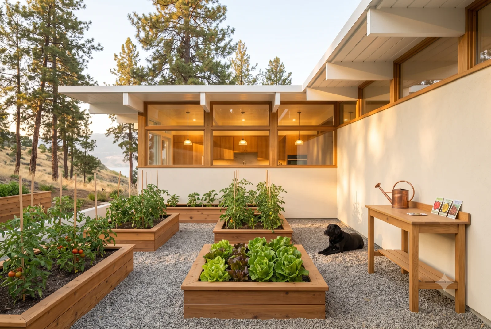 The kitchen garden, Raised cedar beds and a potting bench off the court, the dog on the gravel, greens coming up.