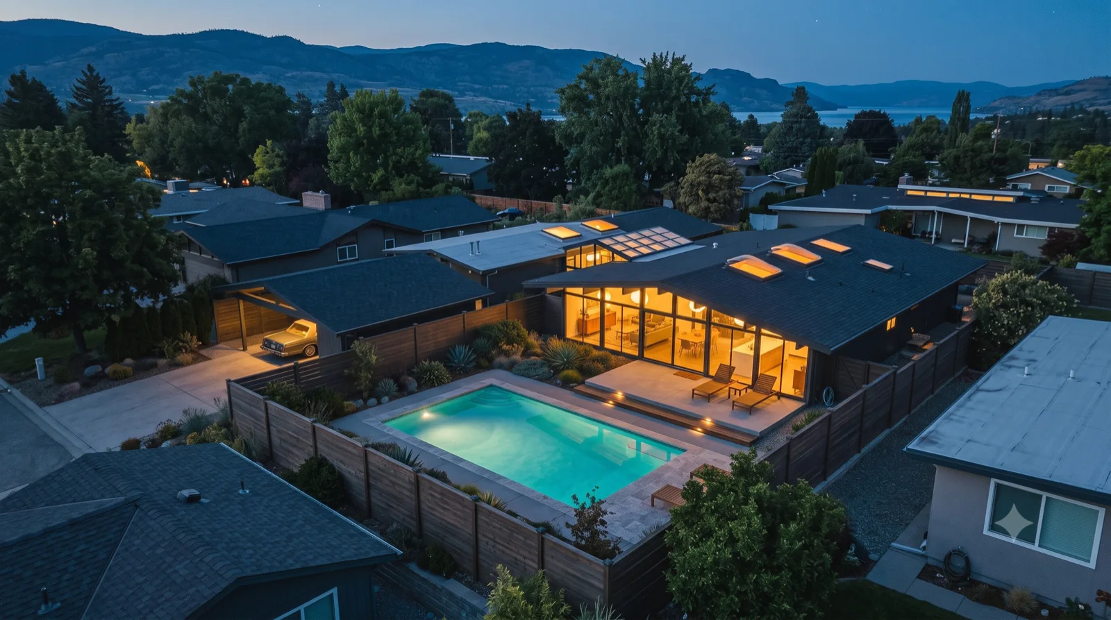 From above — The L-plan gables wrapped around the atrium and pool, warm rooms glowing, Okanagan Lake a sliver beyond.