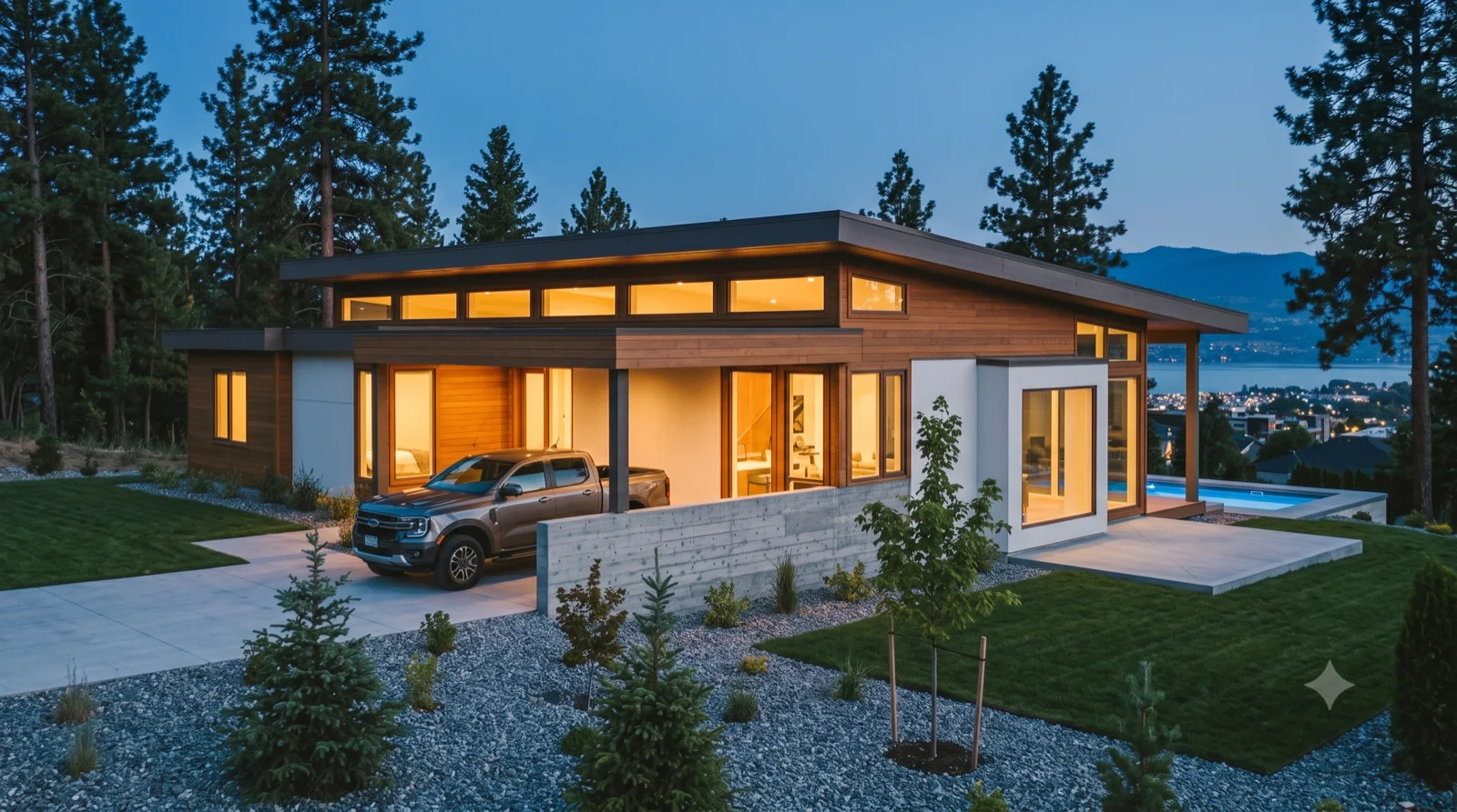 The Wilden — cedar-and-white MCM glowing against the pines, the valley lights just below — a starter home framed to add a wing