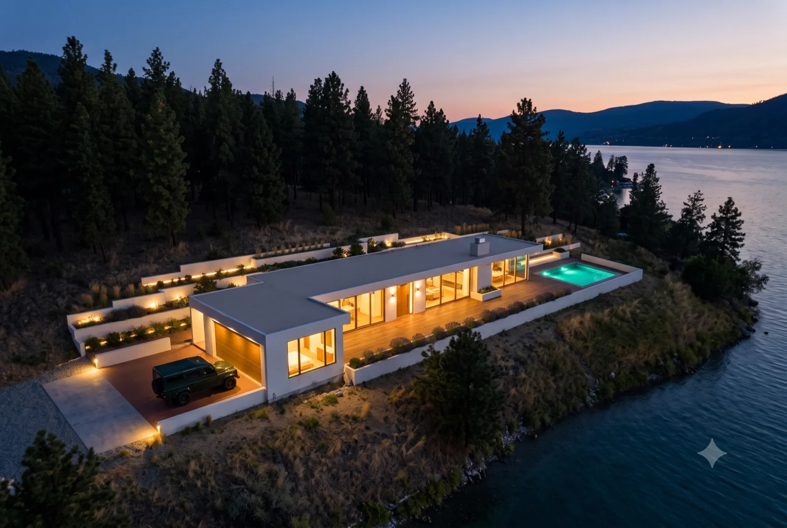 On the point, The long low roofline wrapped by water on three sides, every room lit, the pool a warm slot at the tip.