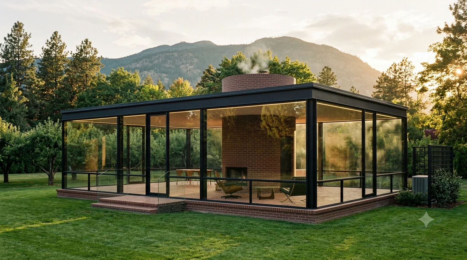 The Glass House — Johnson's 1949 glass box and brick cylinder, sitting on a level Glenmore lot.