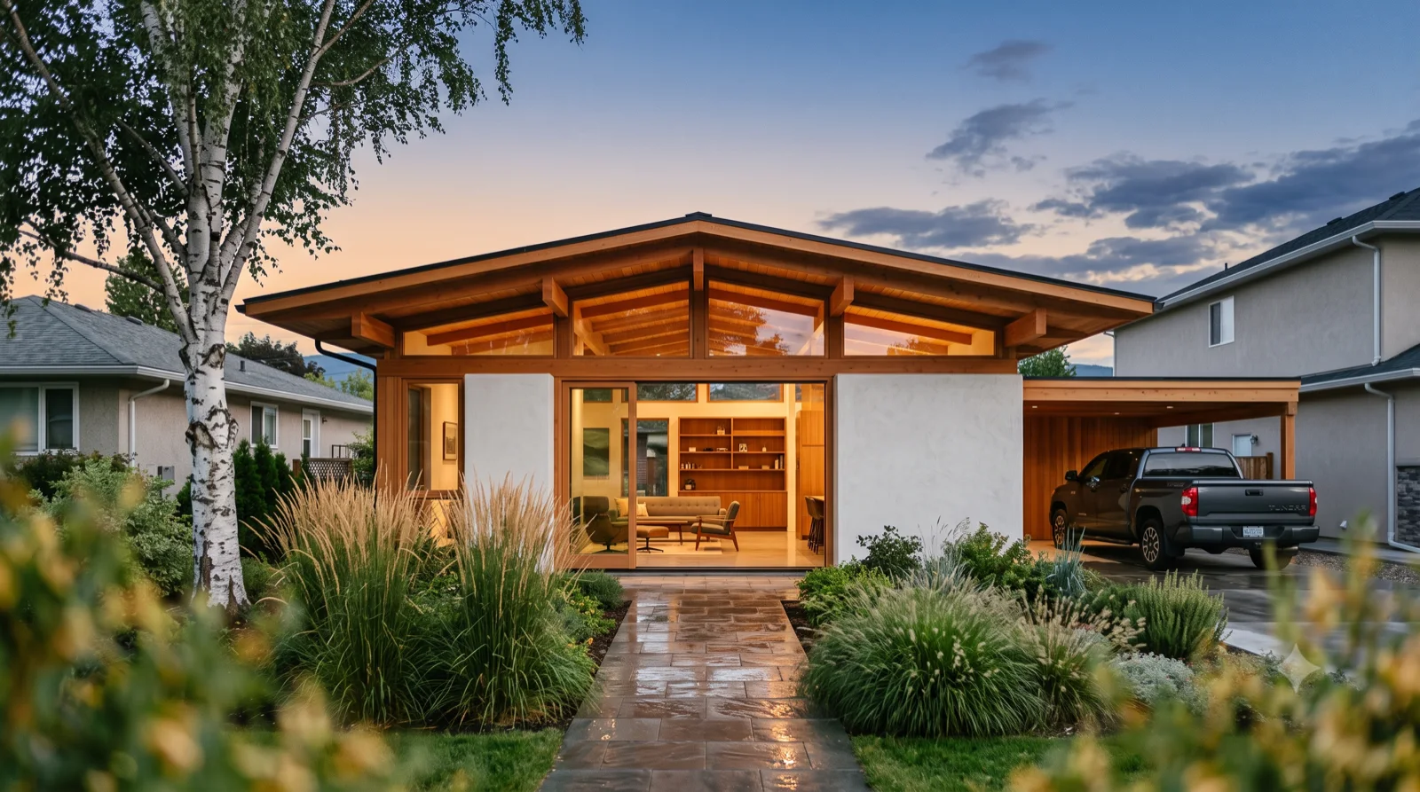 The Sunnylands — A. Quincy Jones' lesser-known Sunnylands reimagined in the Okanagan — a broad low pyramidal hipped roof with a glowing clerestory and radiating timber beams, deep overhangs and an open glass pavilion, built warm with cedar and a floating carport