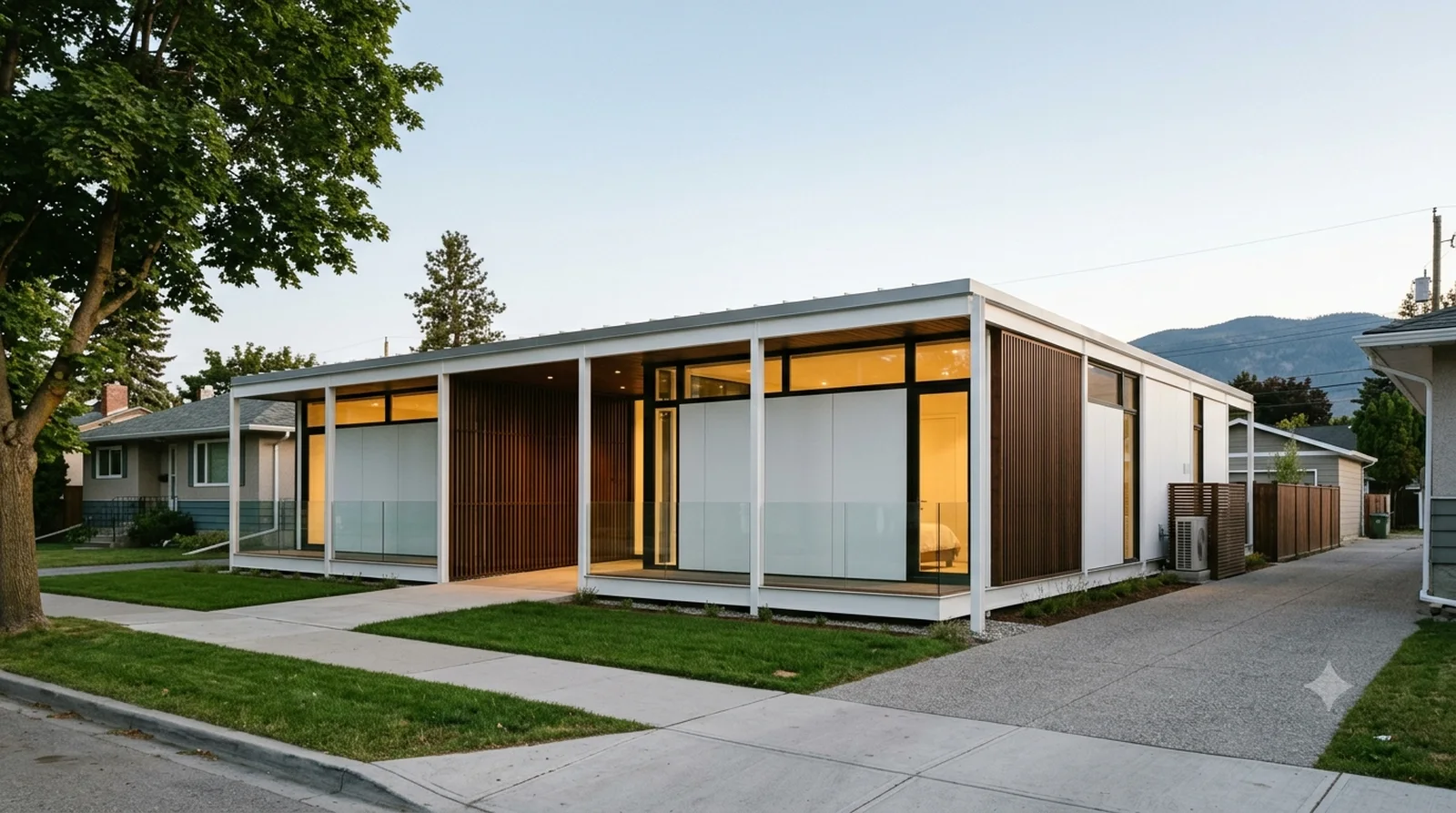 Case Study House #16 Downtown — Ellwood's 1953 steel frame and screened entry court, on a 40 foot downtown Kelowna lot.