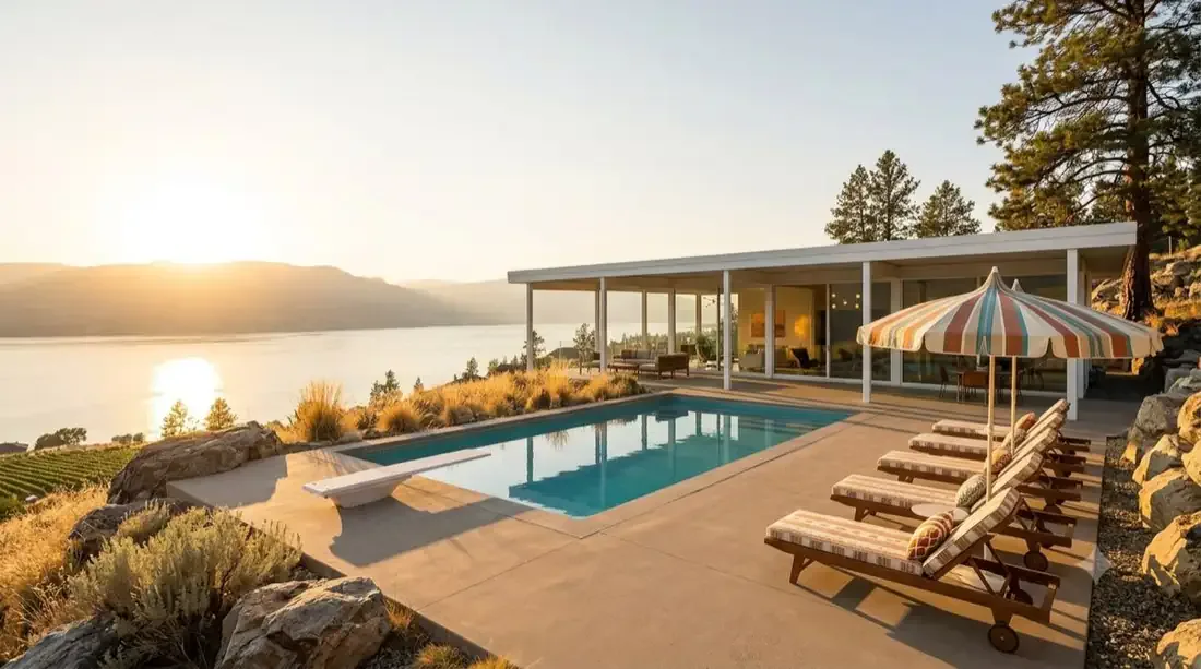 Stahl House — pool terrace at golden hour over Okanagan Lake