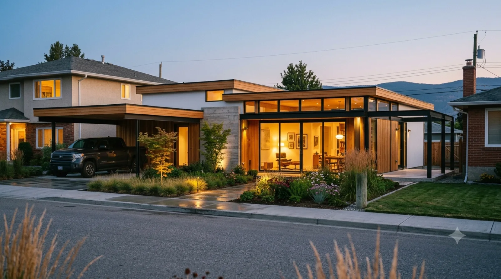 The Ellwood — an Ellwood-lineage Case Study pavilion of precise exposed steel post-and-beam, the frame infilled with warm cedar and white stucco, floating roof planes over a reflecting-pool entry courtyard, a floating carport and a slab pad marked the future addition site — steel precision built warm, not a cold glass box