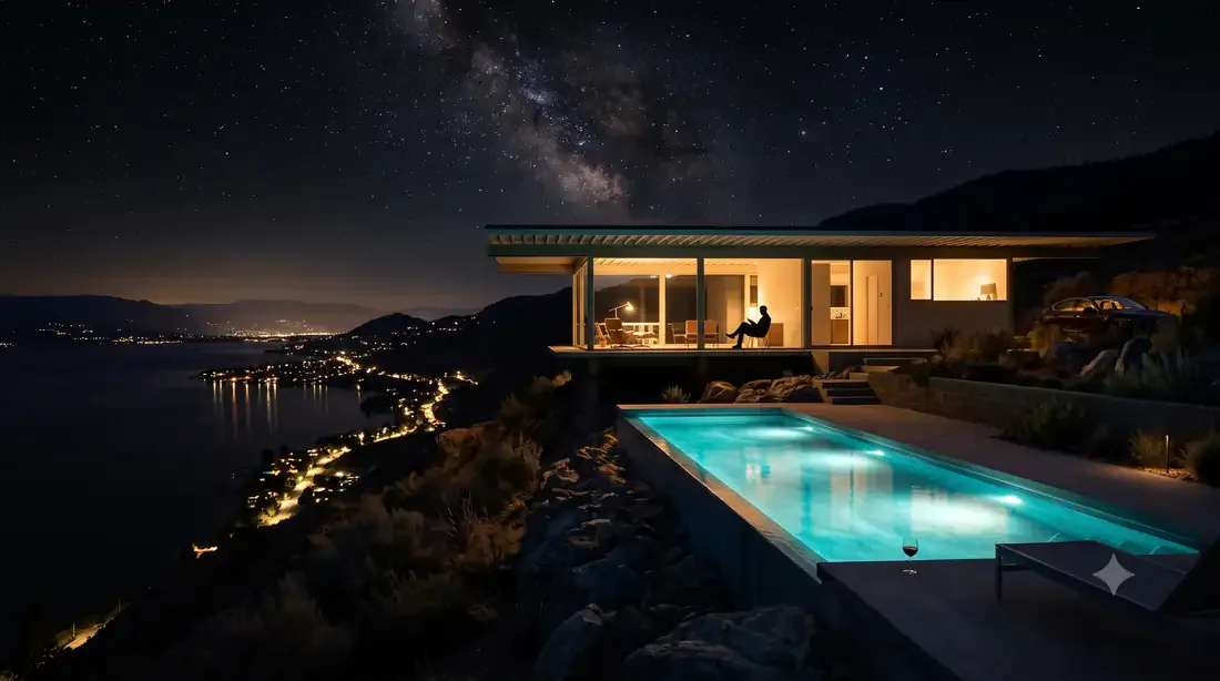 Stahl House — true night — starry sky, glowing lap pool, lake lights below