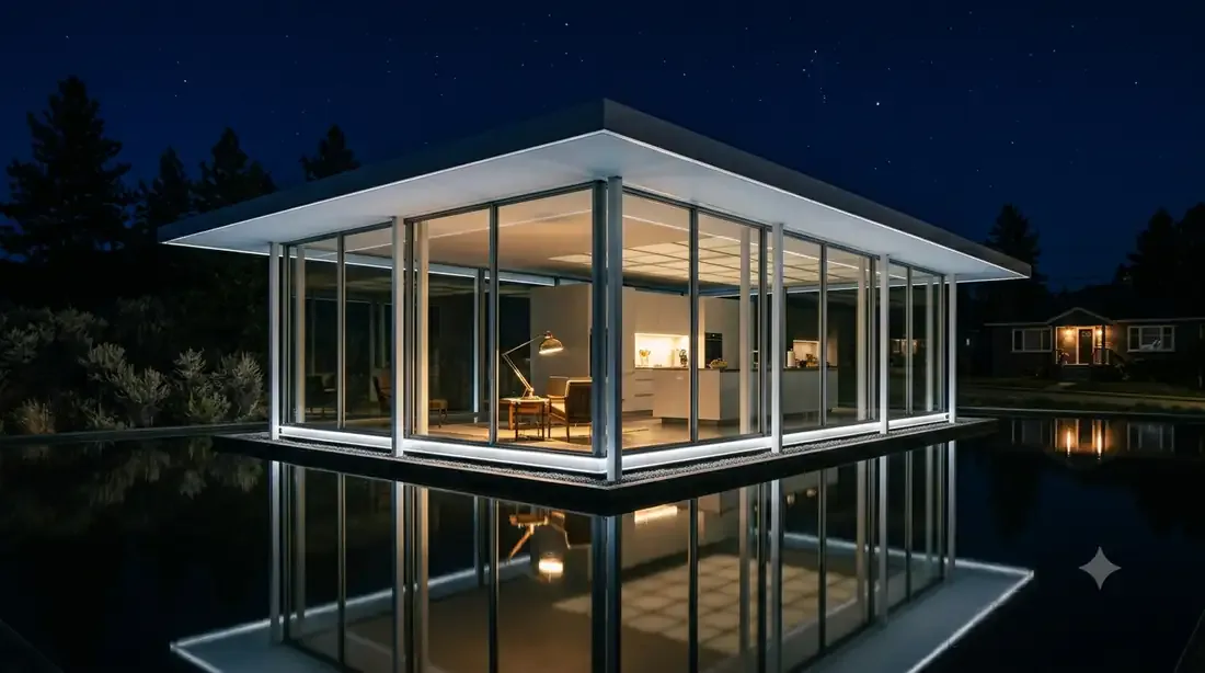 Case Study House #21 — full night — the roof plane floating on its moat reflections