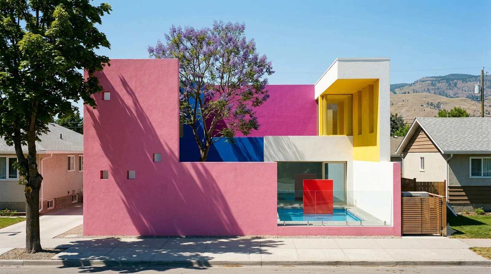 Casa Gilardi — Barragan, 1976: pink, magenta and yellow light behind a blank street wall on a downtown lot.