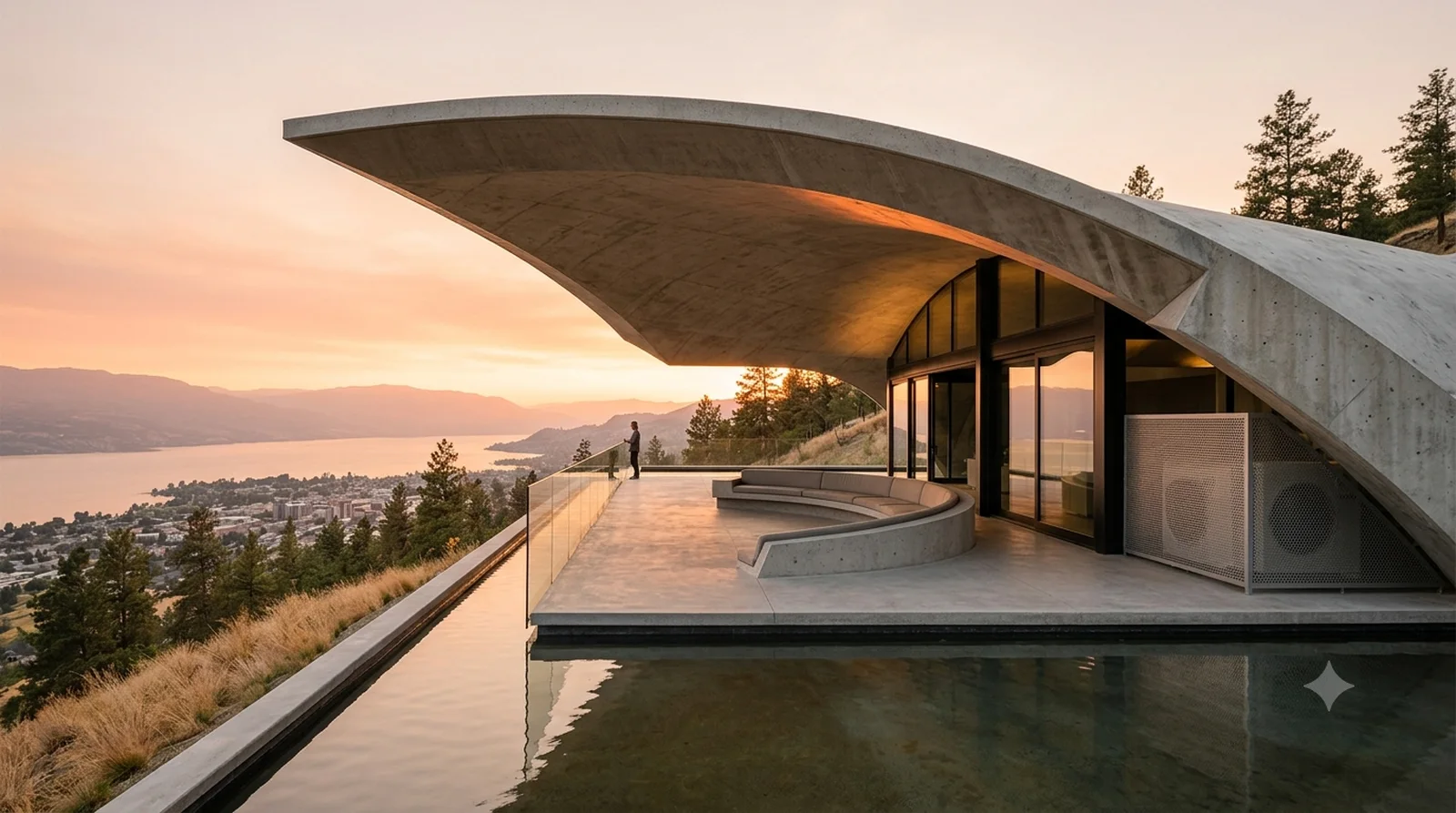 Arango House — Lautner, 1973: a concrete shell over an open terrace, its water edge meeting the horizon.