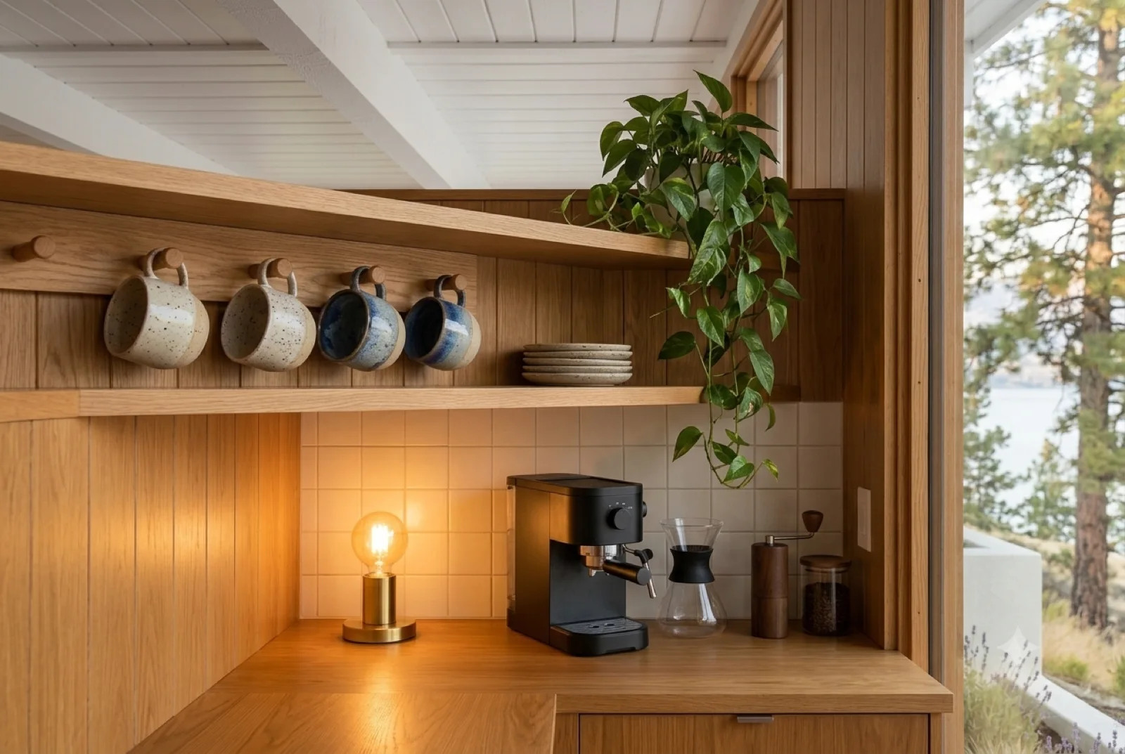 The coffee bar, An espresso setup in a walnut niche, mugs on the shelf, a plant reaching for the window light.