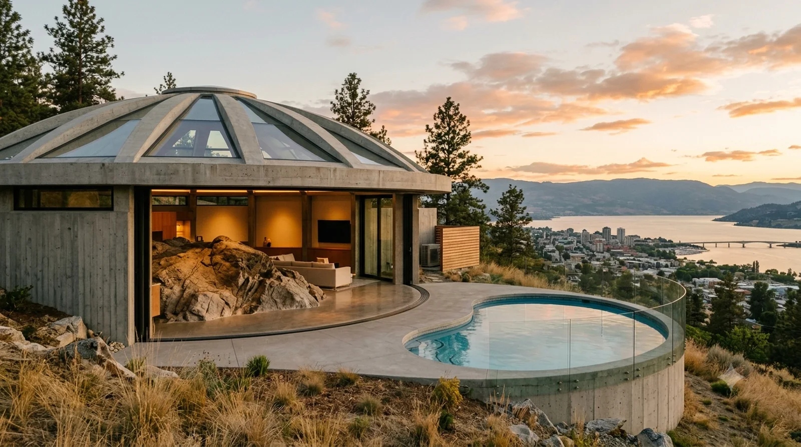 The Elrod House — Lautner's petal dome, 1968, with the site's own granite left bursting through the floor. University Heights.