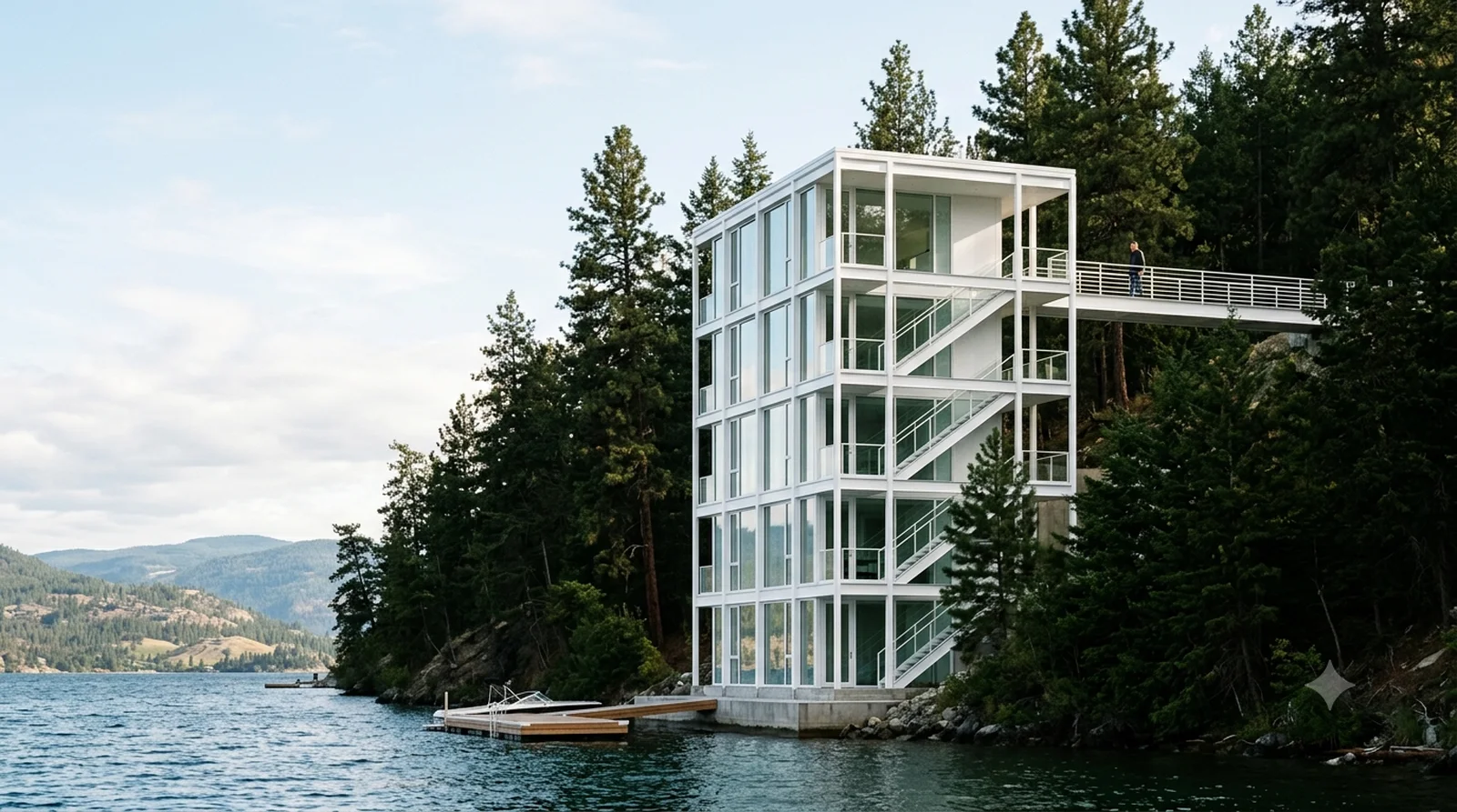 Douglas House — Meier, 1973: five white storeys dropped down a wooded bank straight into Okanagan Lake.