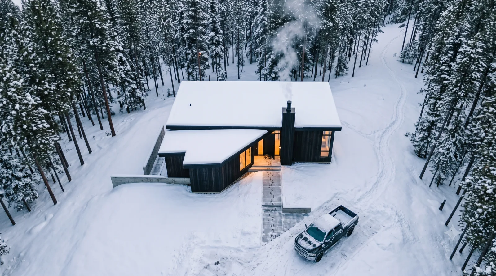 The Big White Cabin — a charred-cedar cabin dusted white under snow-laden pines, woodsmoke rising from the black flue, warm light on the shovelled path