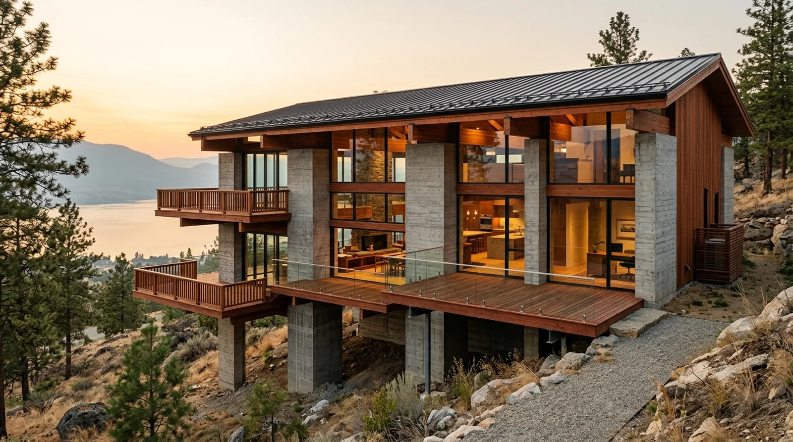 Kappe Residence — Kappe's 1967 concrete towers and laminated timber beams, bridging a Wilden cross-slope.