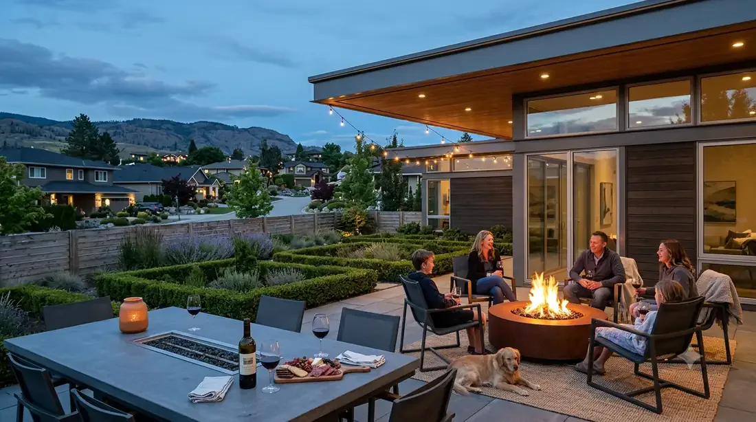 Miller House — rear terrace at blue hour — hedge parterre garden, firepit gathering