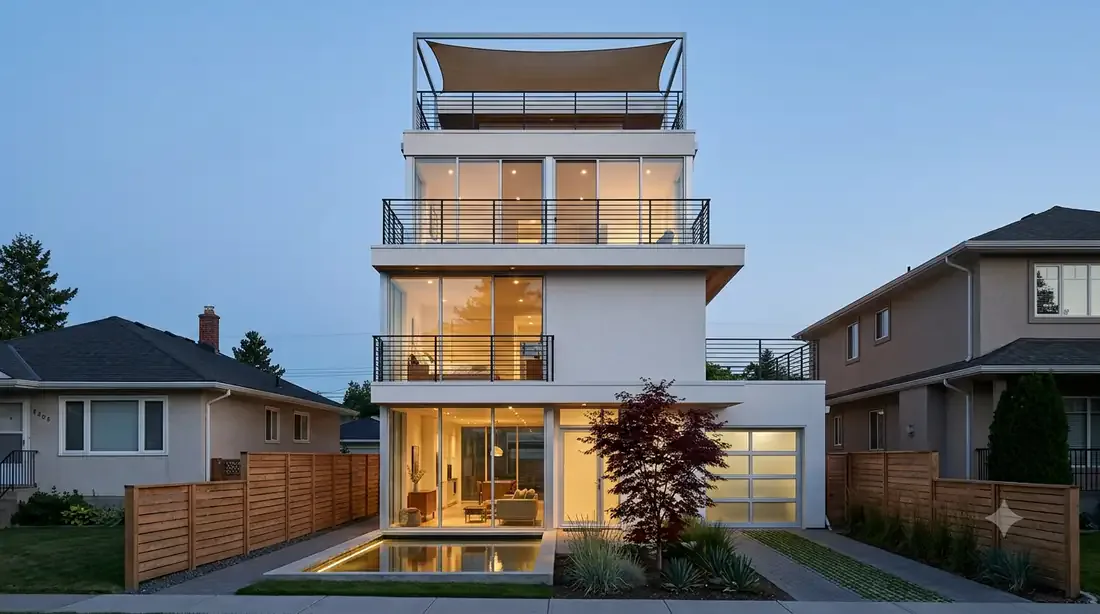 Neutra VDL, Narrow-Lot — three-story stacked massing squeezed onto a real city infill lot