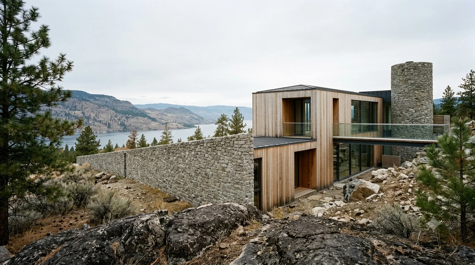 Villa Busk — Sverre Fehn, 1990: one long stone spine wall across the rock, timber volumes hung off it.